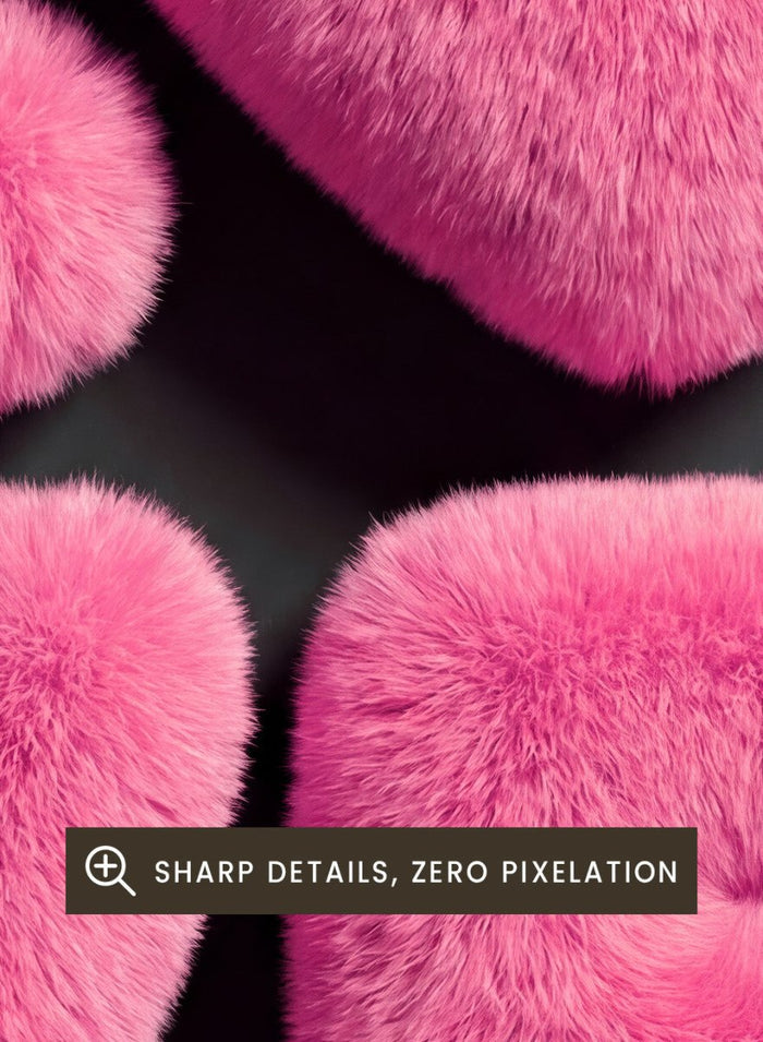 Pink fluffy letters spelling 'LOVE' on a black background with a pink border. Furry Love by Andreas Magnusson is a bold pink typography art print featuring playful textured lettering. A modern love-inspired wall poster.