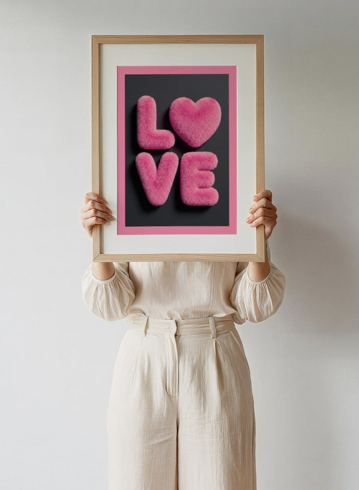Pink fluffy letters spelling 'LOVE' on a black background with a pink border. Furry Love by Andreas Magnusson is a bold pink typography art print featuring playful textured lettering. A modern love-inspired wall poster.