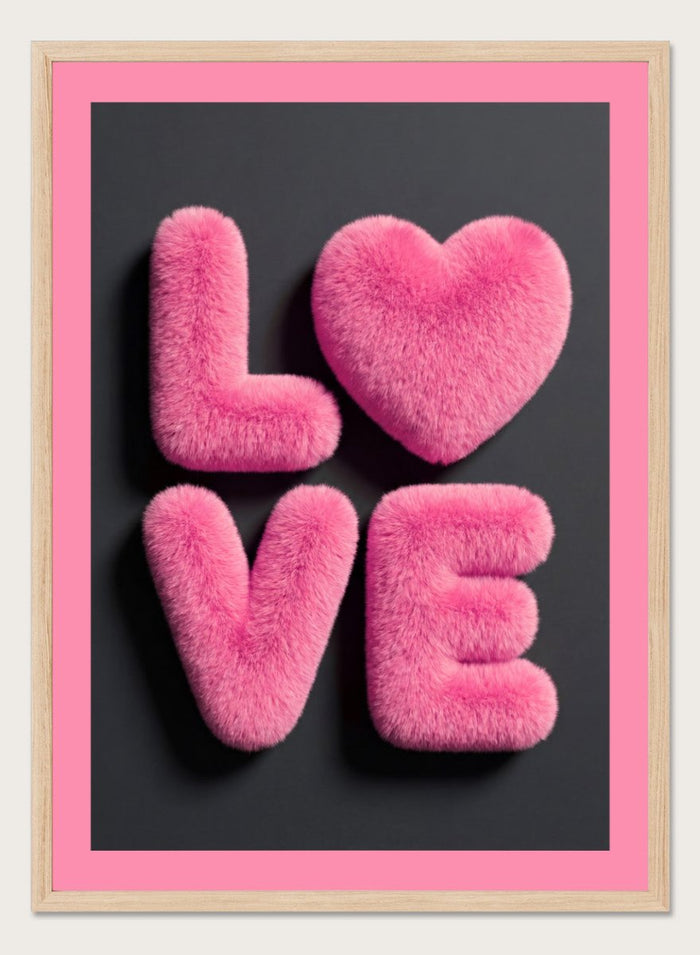 Pink fluffy letters spelling 'LOVE' on a black background with a pink border. Furry Love by Andreas Magnusson is a bold pink typography art print featuring playful textured lettering. A modern love-inspired wall poster.