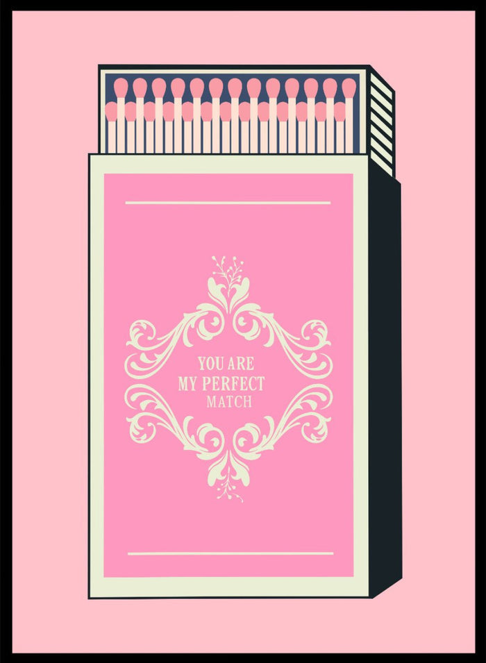 Matchbox with decorative design and text on a pink background. My Perfect Match by Andreas Magnusson is an officially licensed art print featuring a pink matchbox and playful typography. Modern graphic love poster.