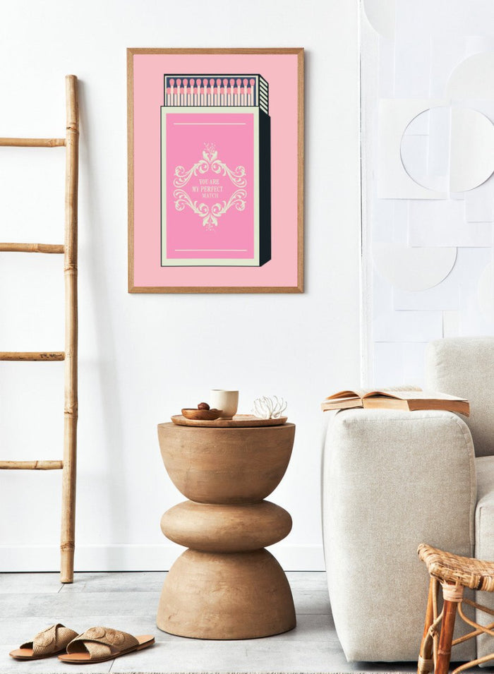 Matchbox with decorative design and text on a pink background. My Perfect Match by Andreas Magnusson is an officially licensed art print featuring a pink matchbox and playful typography. Modern graphic love poster.