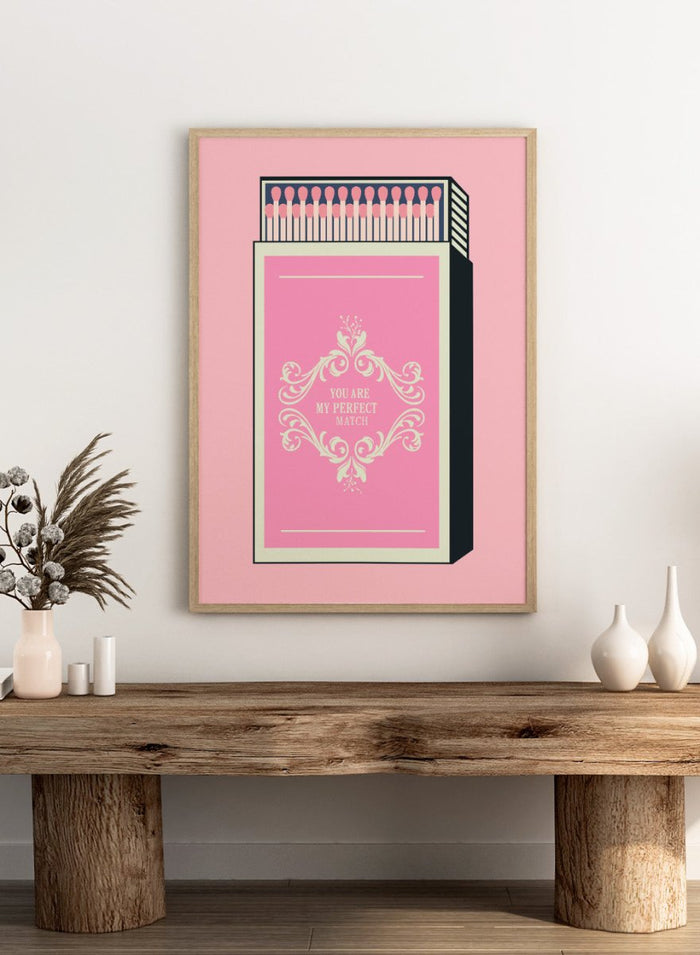 Matchbox with decorative design and text on a pink background. My Perfect Match by Andreas Magnusson is an officially licensed art print featuring a pink matchbox and playful typography. Modern graphic love poster.