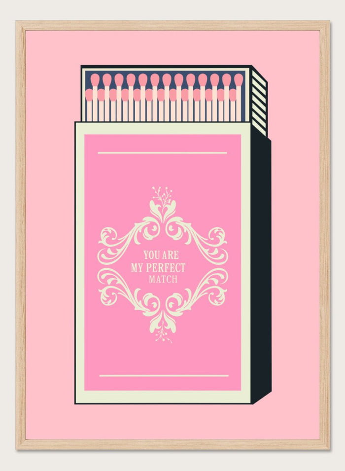 Matchbox with decorative design and text on a pink background. My Perfect Match by Andreas Magnusson is an officially licensed art print featuring a pink matchbox and playful typography. Modern graphic love poster.