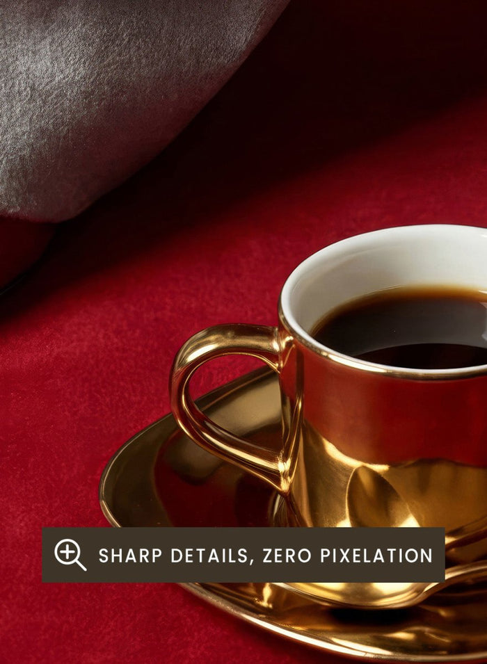 White pants with red shoes on a red carpet, featuring a gold cup and saucer with coffee. Red Shoes and Coffee by Andreas Magnusson is a fashion photography art print featuring red heels and espresso. Officially licensed modern wall poster.