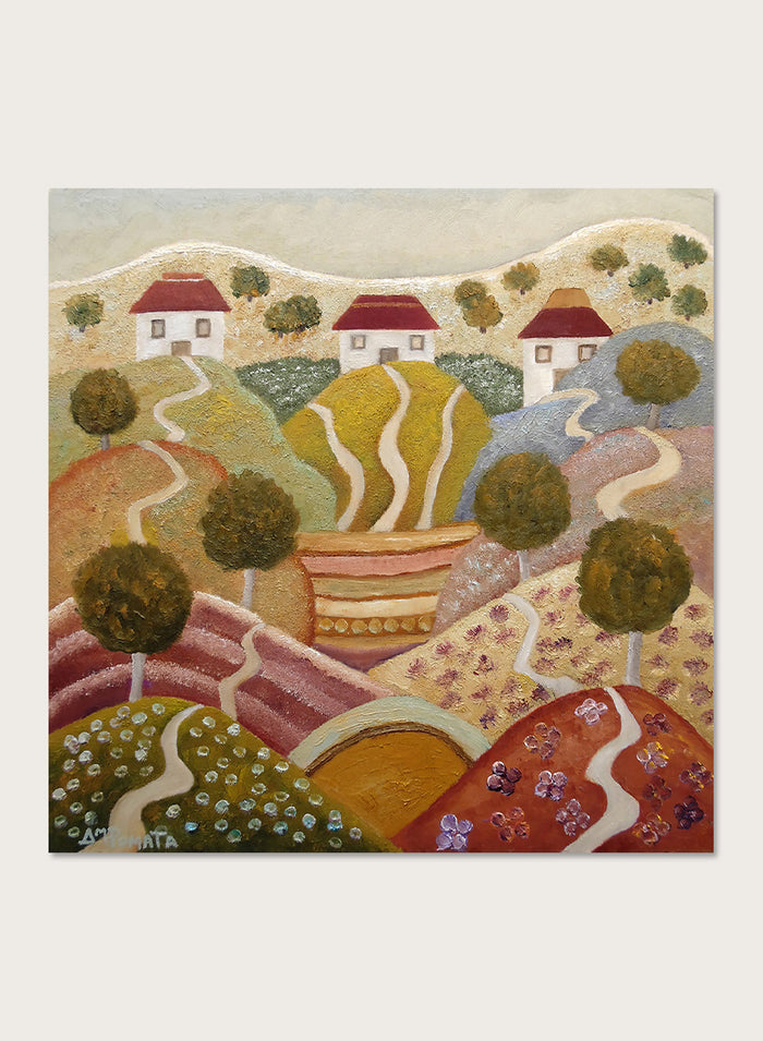 A framed landscape painting featuring stylized rolling hills, winding paths, small houses with red roofs, and trees. Shop Charming Hillside Village by Angeles M. Pomata, a colorful countryside art print featuring winding paths, red-roof houses, flowering fields, and warm autumn tones.