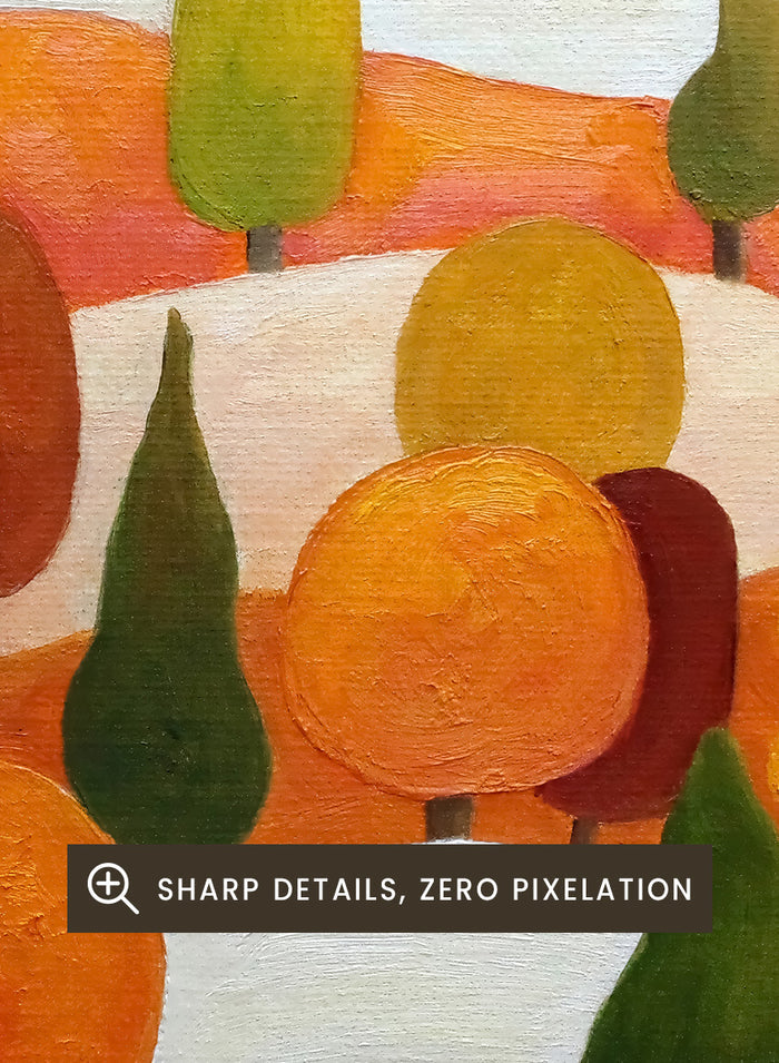 A framed landscape art print featuring stylized trees in autumn colors on rolling hills under a pale sky. Shop Colorful Autumn Hills by Angeles M. Pomata, an autumn landscape art print featuring rolling hills, stylized trees, and warm fall color.