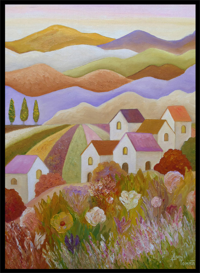A colorful landscape painting featuring rolling hills, stylized houses, cypress trees, and wildflowers in the foreground, rendered in a painterly impressionistic style. Shop Colorful Countryside Village by Angeles M. Pomata, an autumn landscape art print featuring white houses, rolling hills, wildflowers, and warm earthy tones.