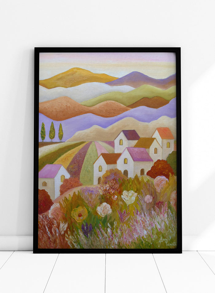 A colorful landscape painting featuring rolling hills, stylized houses, cypress trees, and wildflowers in the foreground, rendered in a painterly impressionistic style. Shop Colorful Countryside Village by Angeles M. Pomata, an autumn landscape art print featuring white houses, rolling hills, wildflowers, and warm earthy tones.