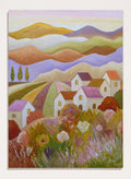 A colorful landscape painting featuring rolling hills, stylized houses, cypress trees, and wildflowers in the foreground, rendered in a painterly impressionistic style. Shop Colorful Countryside Village by Angeles M. Pomata, an autumn landscape art print featuring white houses, rolling hills, wildflowers, and warm earthy tones.