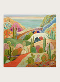 A framed colorful landscape painting featuring stylized cacti, hills, and a coastal scene. Shop Colorful Desert Yoga View by Angeles M. Pomata, a colorful desert landscape art print featuring cacti, rolling hills, a yoga figure, and coastal views.