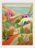 A colorful landscape painting featuring stylized cacti and succulents in a desert valley, with rolling hills, a pink mountain, and a blue sea or sky in the background. Shop Colorful Desert Yoga View by Angeles M. Pomata, a colorful desert landscape art print featuring cacti, rolling hills, a yoga figure, and coastal views.