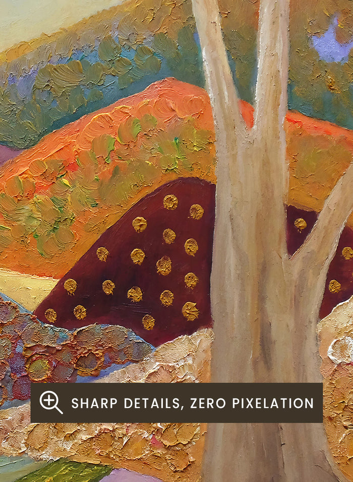 A framed landscape painting featuring stylized trees, a winding path, patchwork fields, and mountains in warm earthy tones. Shop Colorful Field Path by Angeles M. Pomata, an autumn landscape art print featuring a winding path, textured fields, flowers, and rolling countryside.