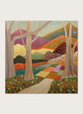 A framed landscape painting featuring stylized trees, a winding path, patchwork fields, and mountains in warm earthy tones. Shop Colorful Field Path by Angeles M. Pomata, an autumn landscape art print featuring a winding path, textured fields, flowers, and rolling countryside.