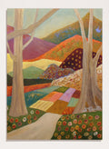 A colorful landscape painting featuring stylized trees, a winding path, patchwork fields, and rolling hills in warm and cool tones, with a visible artist signature in the lower right. Shop Colorful Field Path by Angeles M. Pomata, an autumn landscape art print featuring a winding path, textured fields, flowers, and rolling countryside.