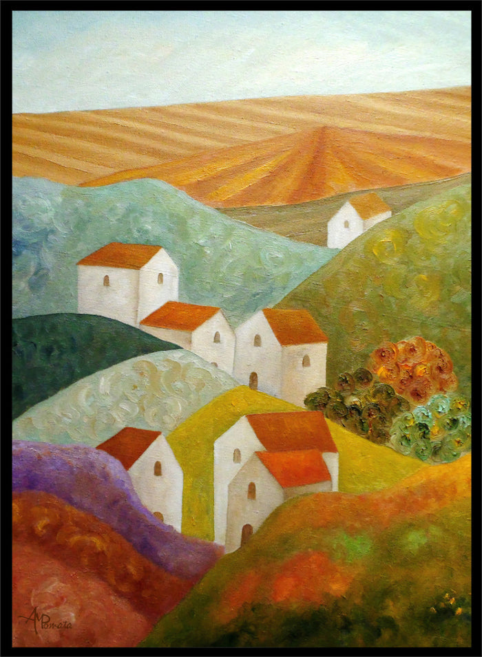 A colorful landscape painting featuring white houses with orange-red roofs nestled among rolling hills in shades of green, purple, yellow, and orange, with a plowed field under a pale sky in the background. Shop Colorful Hillside Village by Angeles M. Pomata, an autumn countryside art print featuring white houses, rolling hills, warm fields, and earthy color.