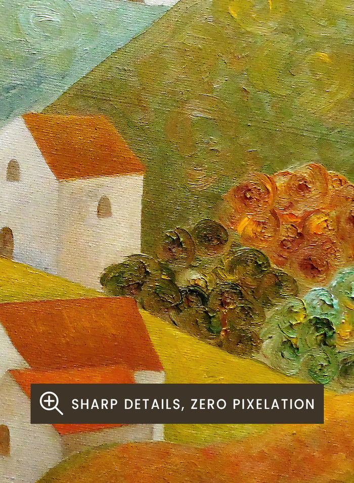 A colorful landscape painting featuring white houses with orange-red roofs nestled among rolling hills in shades of green, purple, yellow, and orange, with a plowed field under a pale sky in the background. Shop Colorful Hillside Village by Angeles M. Pomata, an autumn countryside art print featuring white houses, rolling hills, warm fields, and earthy color.