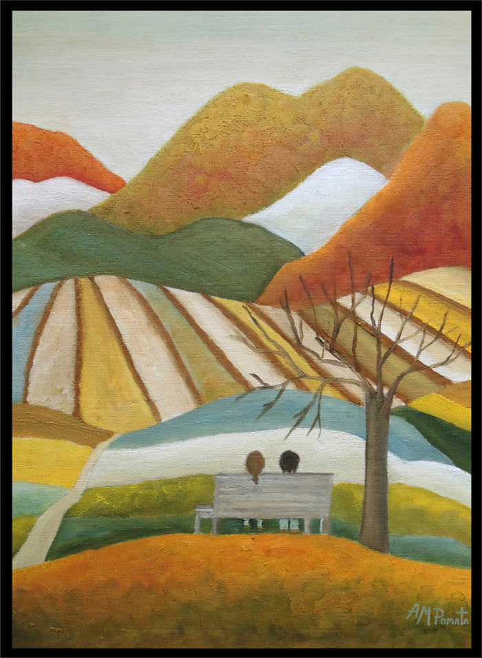 A stylized landscape painting with layered mountains, terraced fields, a bare tree, and two small figures seated on a bench in the foreground. Shop Couple On Autumn Bench by Angeles M. Pomata, an autumn landscape and figurative art print featuring a seated couple, rolling hills, patchwork fields, and warm fall tones.