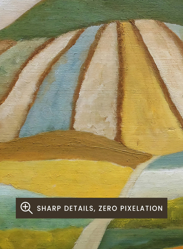 A framed landscape painting featuring stylized mountains, striped fields, a bench with two figures, and a bare tree. Shop Couple On Autumn Bench by Angeles M. Pomata, an autumn landscape and figurative art print featuring a seated couple, rolling hills, patchwork fields, and warm fall tones.