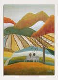 A stylized landscape painting with layered mountains, terraced fields, a bare tree, and two small figures seated on a bench in the foreground. Shop Couple On Autumn Bench by Angeles M. Pomata, an autumn landscape and figurative art print featuring a seated couple, rolling hills, patchwork fields, and warm fall tones.