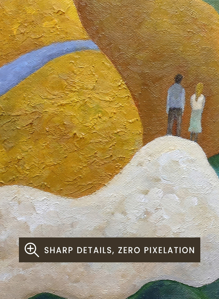 A framed landscape painting featuring stylized coastal cliffs, hills, and a body of water in earthy yellow, orange, green, blue, and white tones. Shop Couple Overlooking Coastal View by Angeles M. Pomata, a coastal landscape and figurative art print featuring a couple, rolling hills, and a blue sea view.