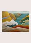 A framed landscape painting featuring stylized coastal cliffs, hills, and a body of water in earthy yellow, orange, green, blue, and white tones. Shop Couple Overlooking Coastal View by Angeles M. Pomata, a coastal landscape and figurative art print featuring a couple, rolling hills, and a blue sea view.