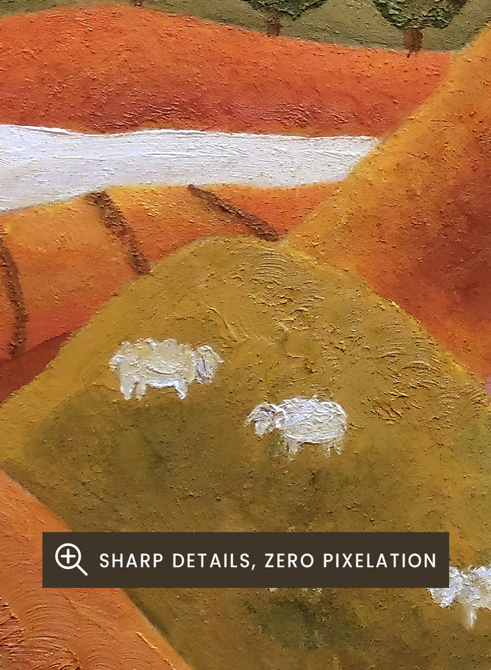 A framed landscape painting featuring rolling hills in warm earth tones, purple and green valleys, a small white house, and white sheep. Shop Pastoral Hills With Sheep by Angeles M. Pomata, an autumn countryside art print featuring rolling hills, grazing sheep, a white farmhouse, and warm earthy tones.