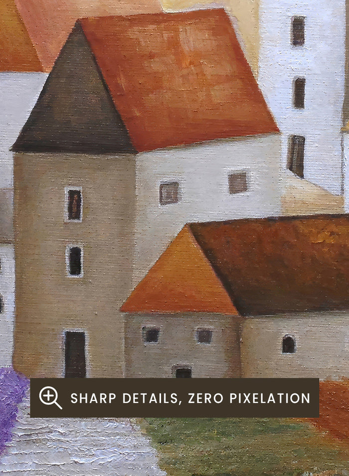 A framed landscape painting depicting stylized white buildings with orange-brown roofs, set in a field with a purple path under a warm yellow sky. Shop Peaceful Lavender Village by Angeles M. Pomata, an autumn village landscape art print featuring white houses, terracotta roofs, lavender fields, and warm earthy tones.