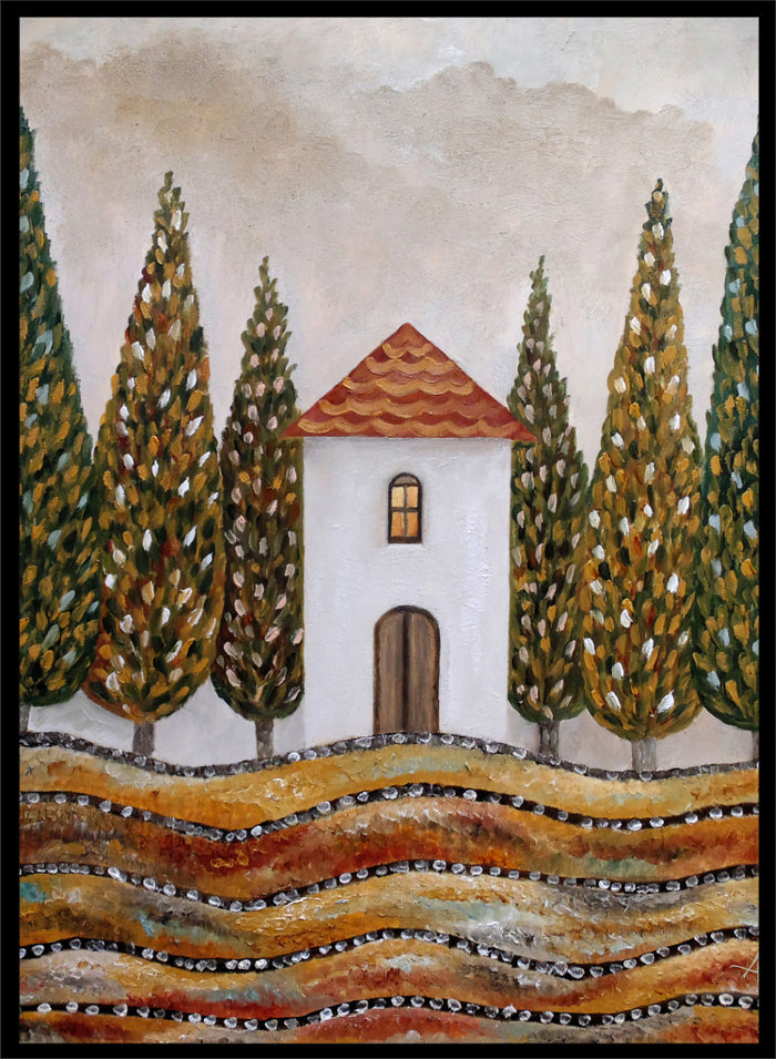 A stylized landscape painting of a small white house with a red-orange tiled roof, surrounded by tall green and gold trees, with wavy golden fields in the foreground. Shop Tuscan Cypress House by Angeles M. Pomata, an autumn landscape art print featuring a white country house, tall cypress trees, terracotta roof, and warm earthy tones.