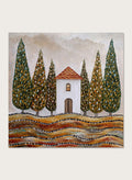 A framed landscape art print depicting a small white house with a red-tiled roof, surrounded by tall green cypress trees and wavy golden-brown hills. Shop Tuscan Cypress House by Angeles M. Pomata, an autumn landscape art print featuring a white country house, tall cypress trees, terracotta roof, and warm earthy tones.