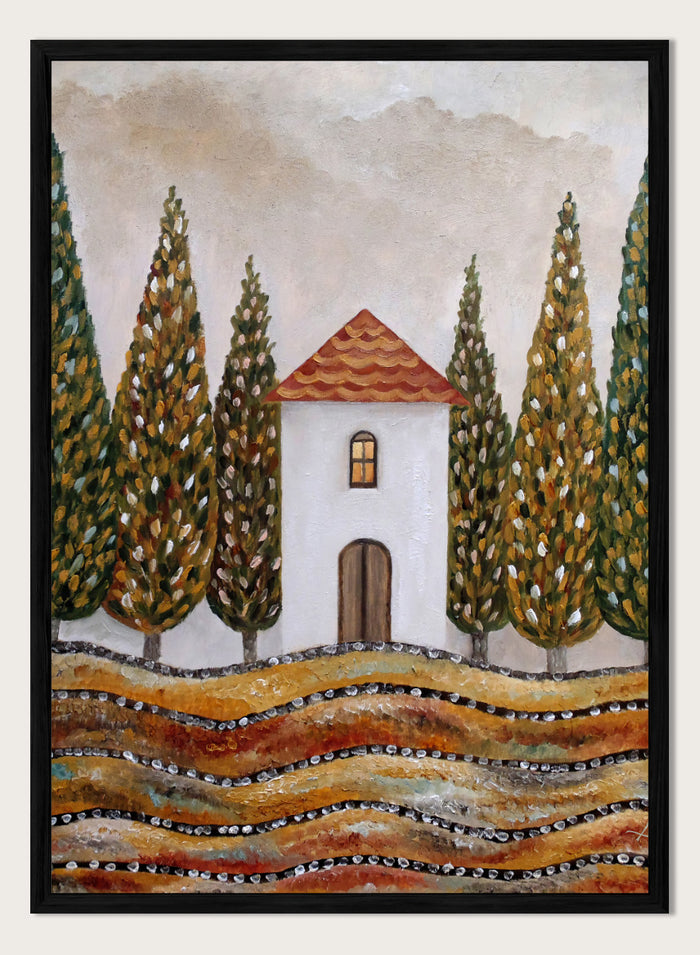 A stylized landscape painting of a small white house with a red-orange tiled roof, surrounded by tall green and gold trees, with wavy golden fields in the foreground. Shop Tuscan Cypress House by Angeles M. Pomata, an autumn landscape art print featuring a white country house, tall cypress trees, terracotta roof, and warm earthy tones.