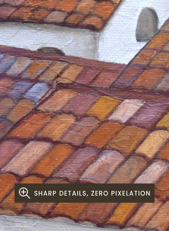 A framed landscape painting depicting two white buildings with terracotta tiled roofs nestled in green hills, with a winding light blue road and a warm yellow sky. Shop Tuscan Hillside Village by Angeles M. Pomata, a warm countryside landscape art print featuring white houses, terracotta roofs, green hills, and wildflowers.