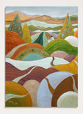 An abstract landscape painting featuring rolling hills, stylized trees, and distant mountains in a warm palette of orange, green, yellow, brown, and white. Shop Vibrant Hillside Path by Angeles M. Pomata, an autumn landscape art print with winding paths, rolling hills, and warm earthy tones.