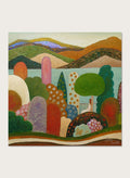 A framed landscape painting featuring stylized hills, trees, and abstract shapes in earthy tones of green, brown, orange, red, blue, and purple. Shop Vibrant Whimsical Landscape by Angeles M. Pomata, a colorful landscape art print with layered hills, patterned trees, and a soft dreamlike feel.