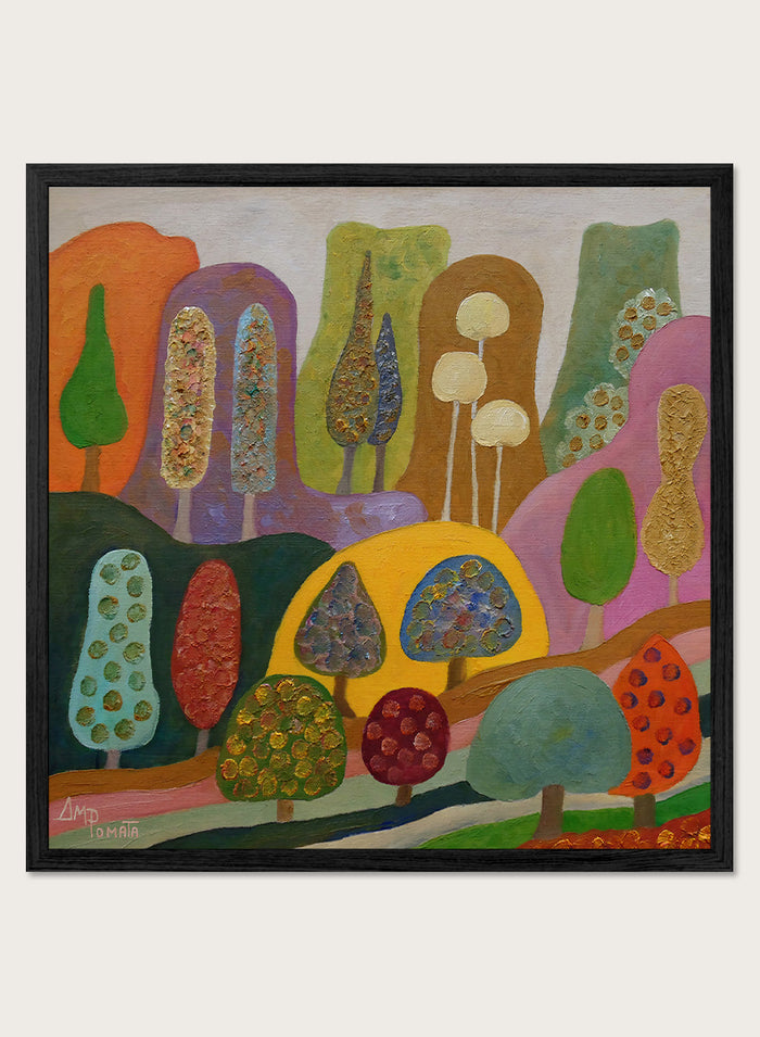 A framed abstract landscape painting featuring stylized trees and hills in a colorful, textured expressionist style. Shop Whimsical Colorful Trees by Angeles M. Pomata, a playful landscape art print featuring stylized trees, rolling hills, rich texture, and bold color.