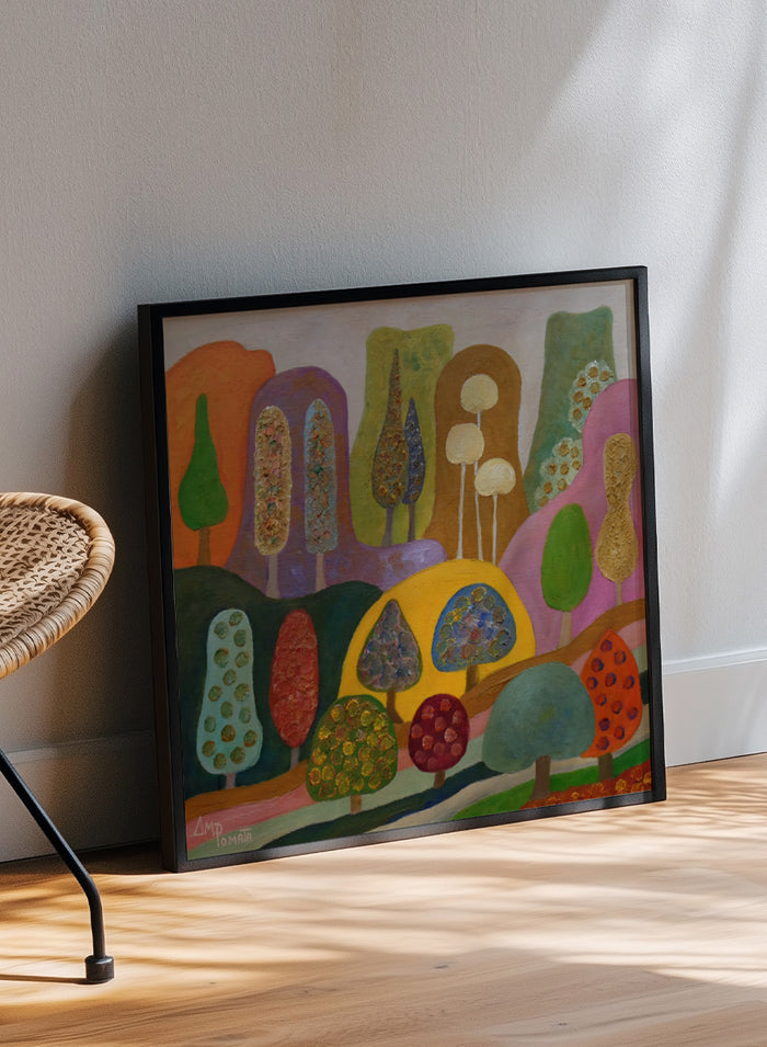 A framed abstract landscape painting featuring stylized trees and hills in a colorful, textured expressionist style. Shop Whimsical Colorful Trees by Angeles M. Pomata, a playful landscape art print featuring stylized trees, rolling hills, rich texture, and bold color.