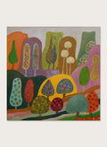 A framed abstract landscape painting featuring stylized trees and hills in a colorful, textured expressionist style. Shop Whimsical Colorful Trees by Angeles M. Pomata, a playful landscape art print featuring stylized trees, rolling hills, rich texture, and bold color.