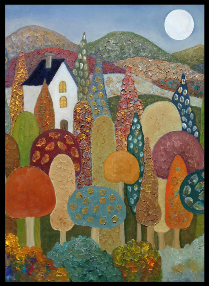 A colorful, textured folk-art style landscape painting featuring stylized mushrooms, a white house, rolling hills, and a full moon. Shop Whimsical Moonlit Landscape by Angeles M. Pomata, a colorful autumn landscape art print featuring a white house, full moon, rolling hills, and stylized trees.