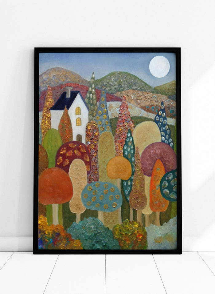 A colorful, textured folk-art style landscape painting featuring stylized mushrooms, a white house, rolling hills, and a full moon. Shop Whimsical Moonlit Landscape by Angeles M. Pomata, a colorful autumn landscape art print featuring a white house, full moon, rolling hills, and stylized trees.