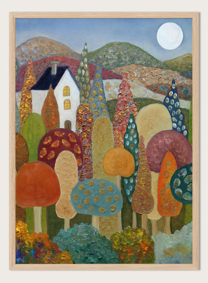 A colorful, textured folk-art style landscape painting featuring stylized mushrooms, a white house, rolling hills, and a full moon. Shop Whimsical Moonlit Landscape by Angeles M. Pomata, a colorful autumn landscape art print featuring a white house, full moon, rolling hills, and stylized trees.