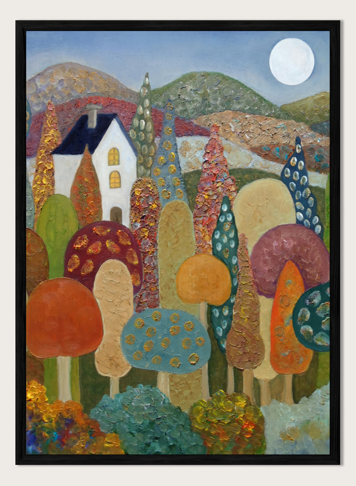A colorful, textured folk-art style landscape painting featuring stylized mushrooms, a white house, rolling hills, and a full moon. Shop Whimsical Moonlit Landscape by Angeles M. Pomata, a colorful autumn landscape art print featuring a white house, full moon, rolling hills, and stylized trees.
