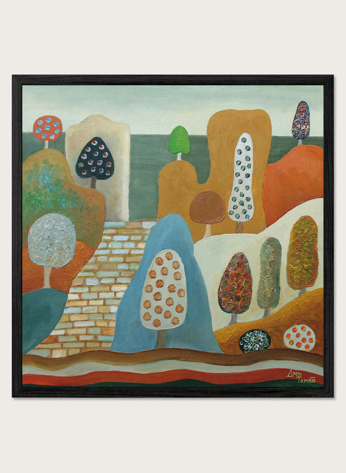 A framed abstract landscape painting featuring stylized trees, hills, and geometric forms in earthy tones of orange, blue, beige, green, and brown. Shop Whimsical Tree Landscape by Angeles M. Pomata, a colorful landscape art print featuring patterned trees, rounded hills, and a winding stone path.