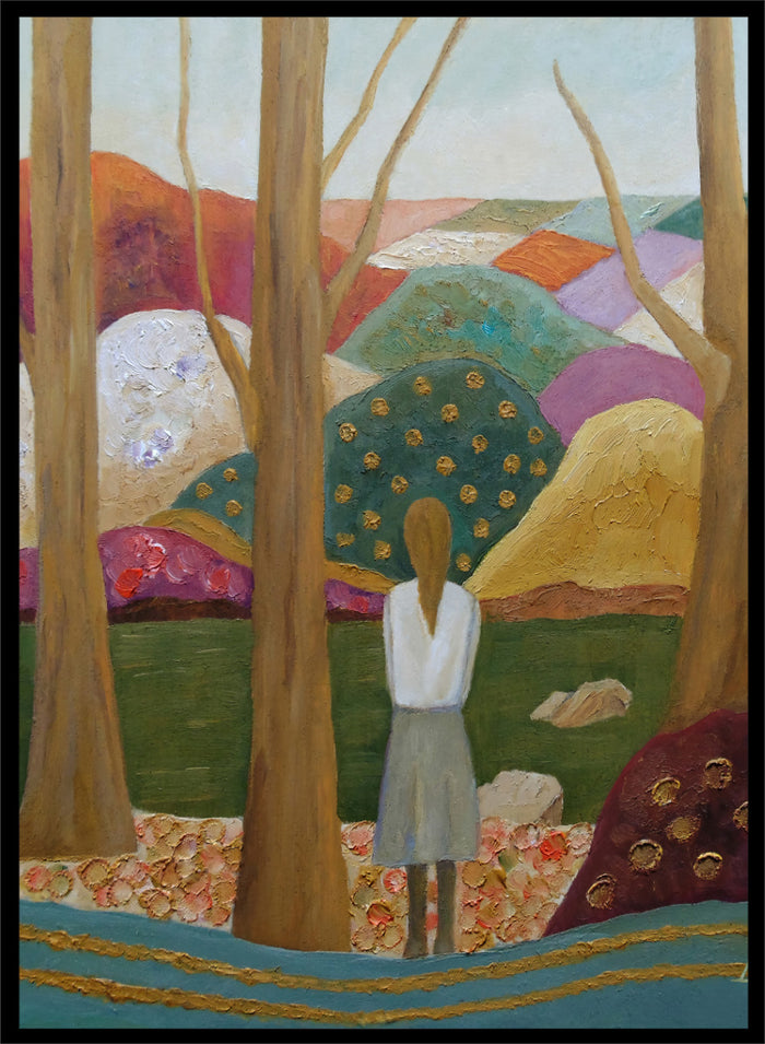 An expressive painting of a woman seen from behind standing among tall trees in a stylized landscape with colorful hills, patches of green, purple, pink, blue, and gold accents. Shop Woman Among Vibrant Hills by Angeles M. Pomata, a colorful landscape and portrait art print featuring a woman, rolling hills, trees, and earthy tones.