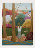 An expressive painting of a woman seen from behind standing among tall trees in a stylized landscape with colorful hills, patches of green, purple, pink, blue, and gold accents. Shop Woman Among Vibrant Hills by Angeles M. Pomata, a colorful landscape and portrait art print featuring a woman, rolling hills, trees, and earthy tones.