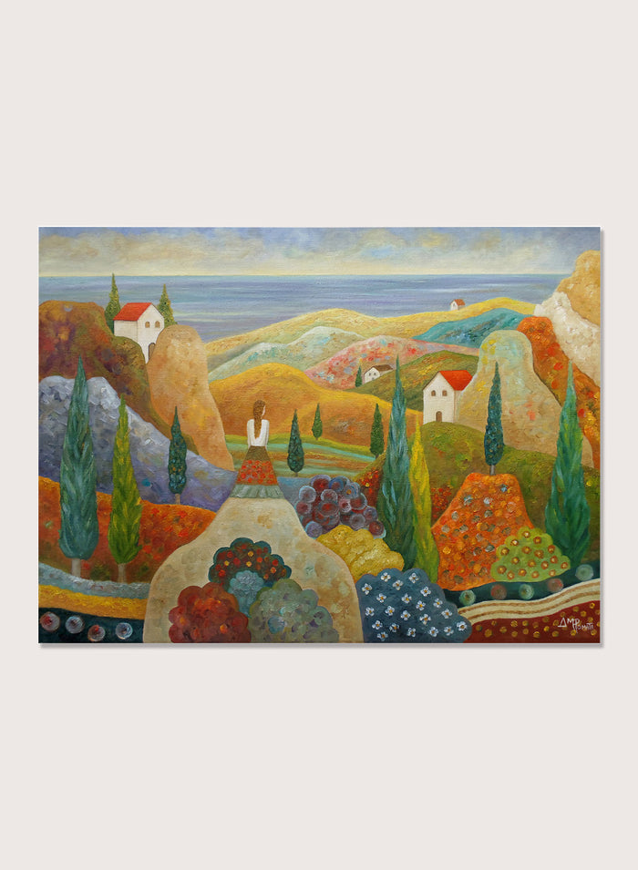 A framed landscape painting featuring stylized hills, cypress trees, small houses with red roofs, and a blue sea under a pale sky. Shop Woman in Mediterranean Landscape by Angeles M. Pomata, a colorful Mediterranean landscape and figurative art print with cypress trees, white houses, hills, and sea views.