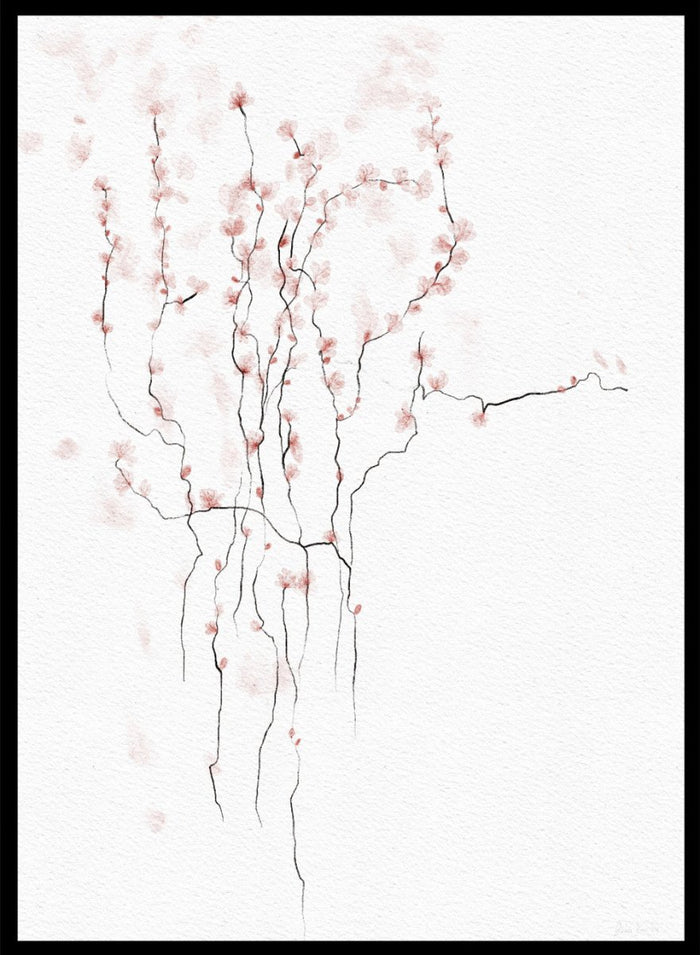 Art print of cherry blossom branches with pink flowers on a white background. Blooming Spring by Ankie Kooi art print featuring delicate pink blossoms, thin branches, watercolor florals, minimalist botanical illustration, soft nature wall poster.