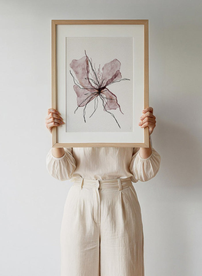 Booming Blooming by Ankie Kooi features an abstract flower illustration with soft watercolor petals and fine line details. Minimal botanical art print inspired by nature and growth.