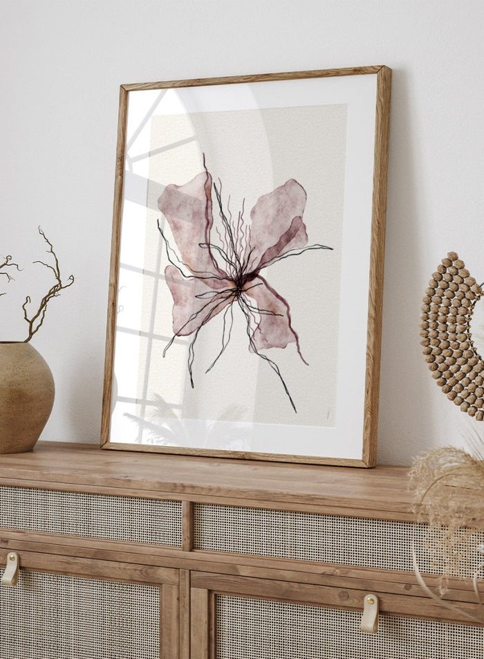 Booming Blooming by Ankie Kooi features an abstract flower illustration with soft watercolor petals and fine line details. Minimal botanical art print inspired by nature and growth.
