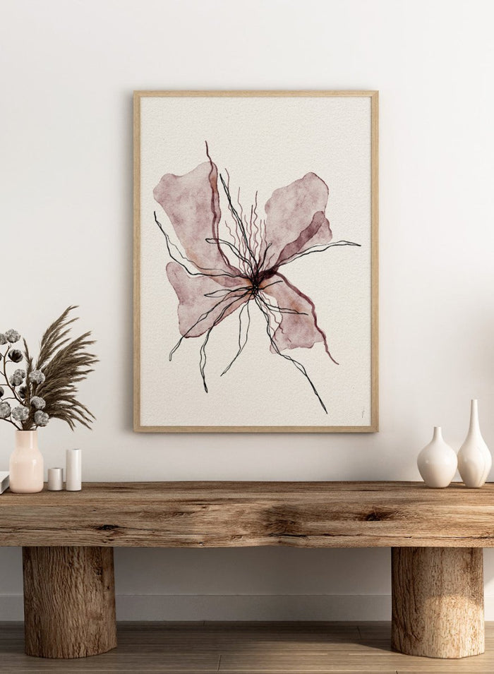 Booming Blooming by Ankie Kooi features an abstract flower illustration with soft watercolor petals and fine line details. Minimal botanical art print inspired by nature and growth.