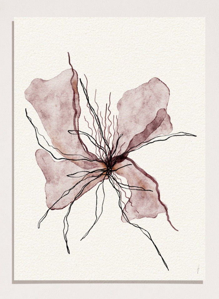 Booming Blooming by Ankie Kooi features an abstract flower illustration with soft watercolor petals and fine line details. Minimal botanical art print inspired by nature and growth.