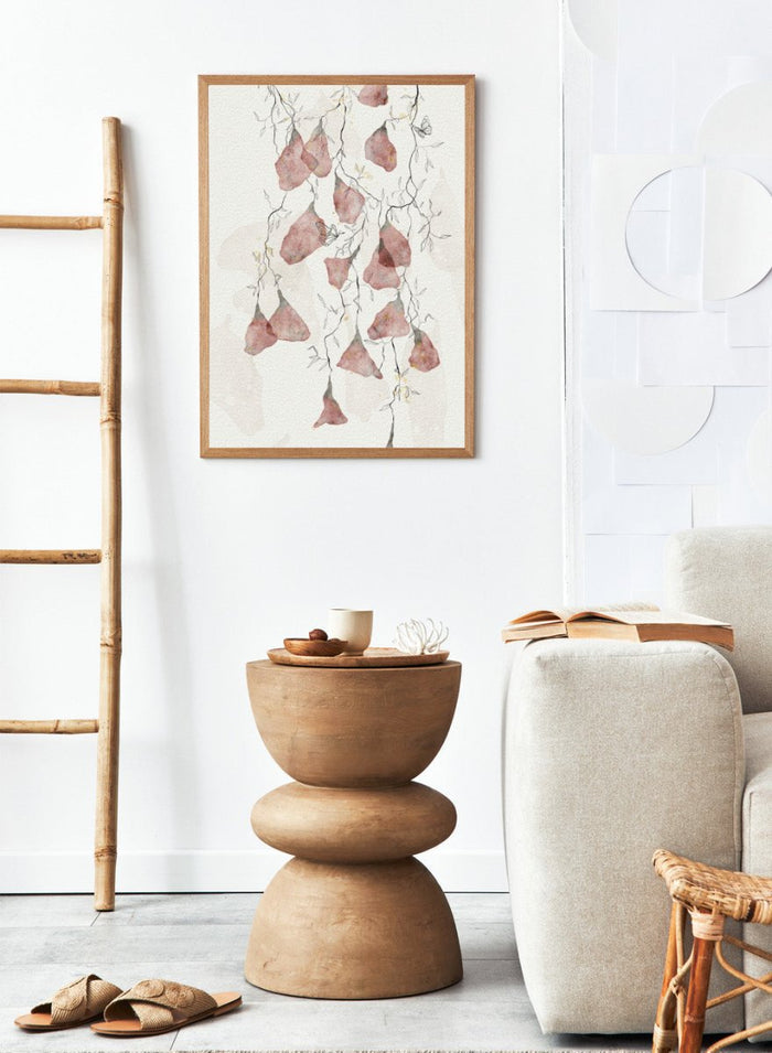 Artistic depiction of pink flowers and branches on a light background. Butterfly Kisses by Ankie Kooi features hanging watercolor flowers, delicate branches, and butterflies in soft neutral tones. Minimal botanical art print inspired by nature.